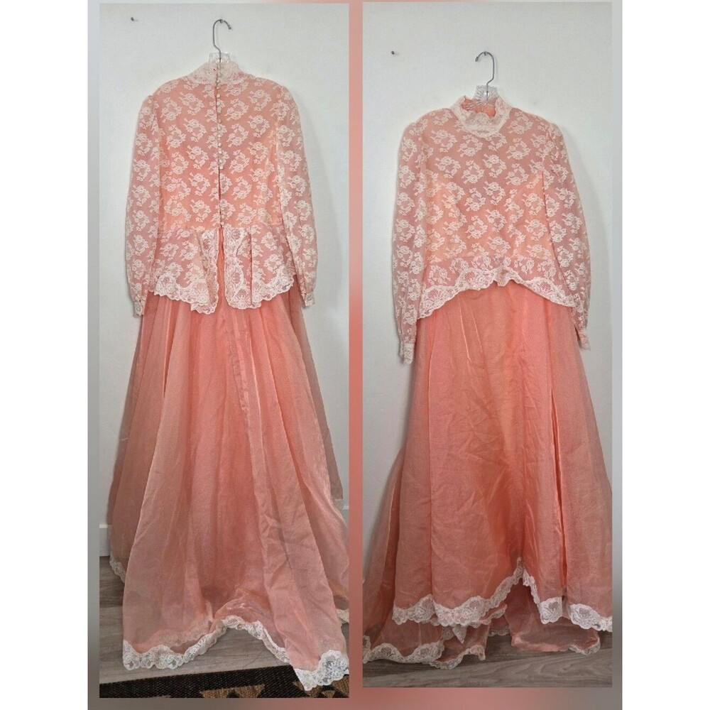 Vintage Handmade Gown 1970s-80s Peach Coral Pink Lace Bridgerton Period Dress